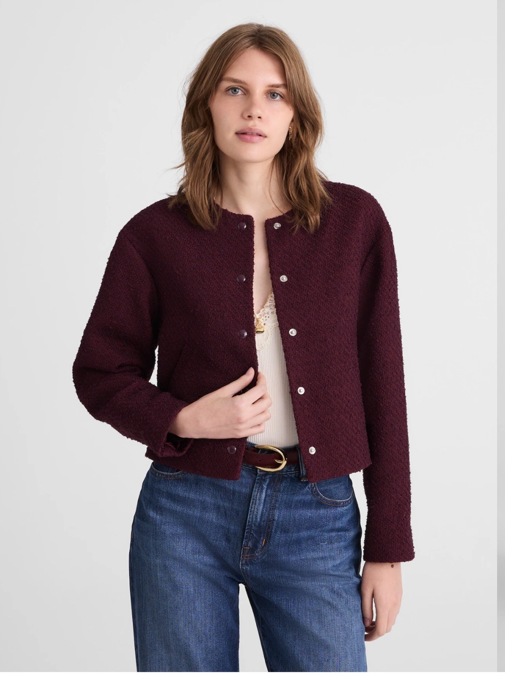 Madewell Collarless Tweed Snap-Front Jacket blazer in Dark Pomegranate NY407 M